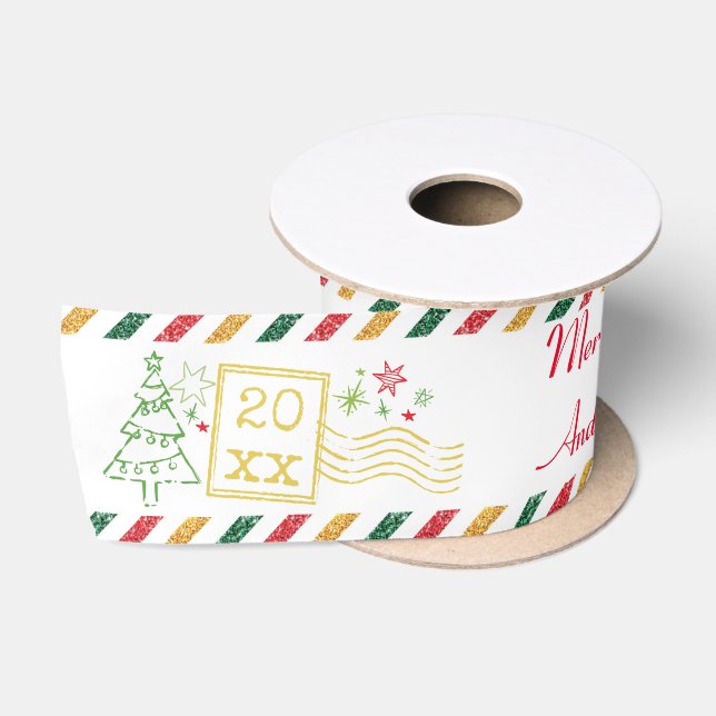 Personalisiert frohe Weihnachten Glitzer Air Mail Satinband (Spule)