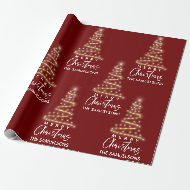 Personalisiert frohe Weihnachten Gold Tree Red Geschenkpapier (Ungerollt)