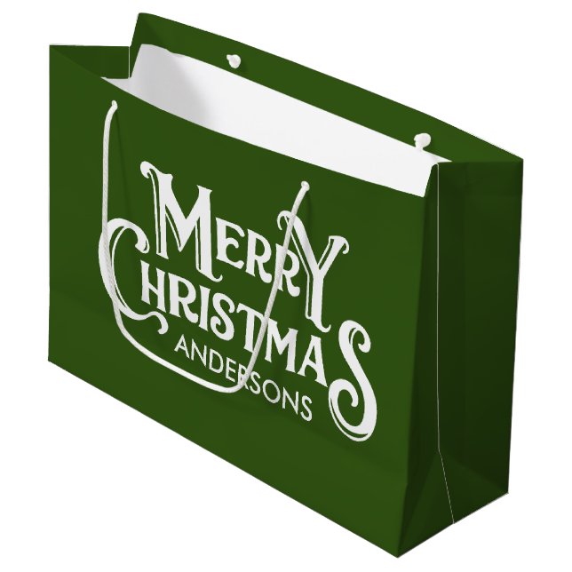 Personalisiert Frohe Weihnachten Grün Große Geschenktüte (Vorderseite Schrägansicht)