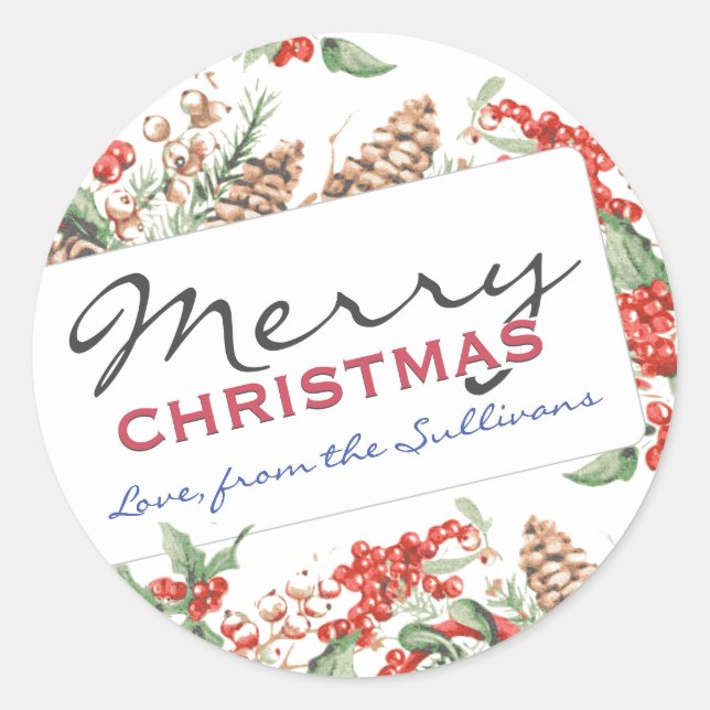 Personalisiert frohe Weihnachten Holly und Pinecon Runder Aufkleber (Vorderseite)