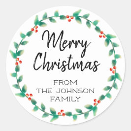 Personalisiert Frohe Weihnachten Holly Wreath Runder Aufkleber