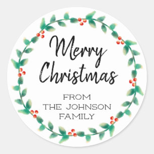 Personalisiert Frohe Weihnachten Holly Wreath Runder Aufkleber