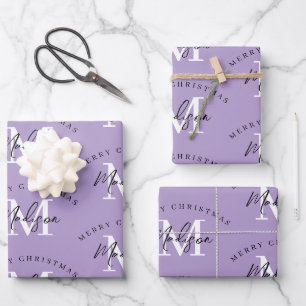 Personalisiert Frohe Weihnachten Lila Monogram Geschenkpapier Set