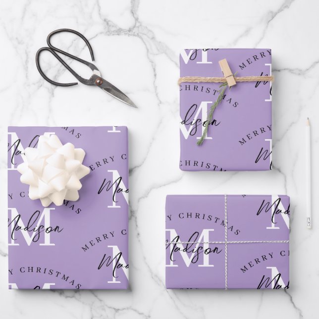Personalisiert Frohe Weihnachten Lila Monogram Geschenkpapier Set (Vorderseite)