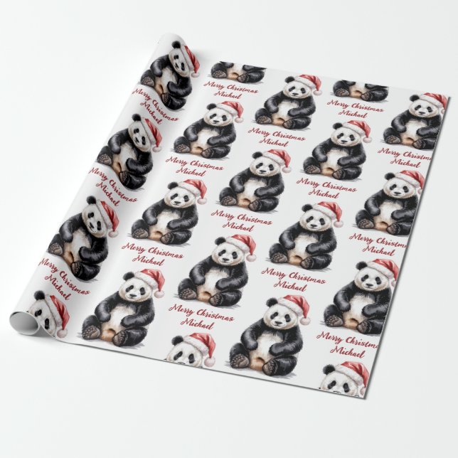 Personalisiert frohe Weihnachten Niedlich Panda Bä Geschenkpapier (Ungerollt)