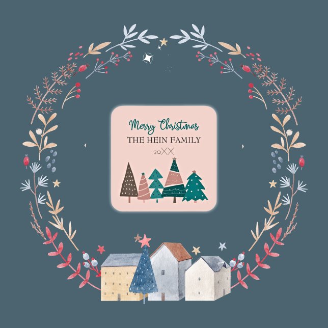 Personalisiert frohe Weihnachten Rosa Bäume Quadratischer Aufkleber (Personalized Family Christmas Stickers)