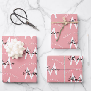 Personalisiert Frohe Weihnachten Rosa Monogramm Geschenkpapier Set