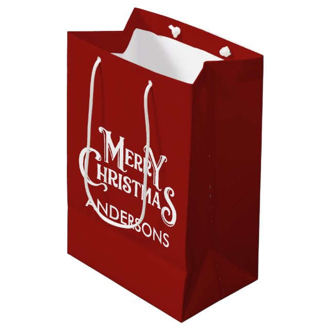 Personalisiert frohe Weihnachten Rot Mittlere Geschenktüte (Vorderseite Schrägansicht)
