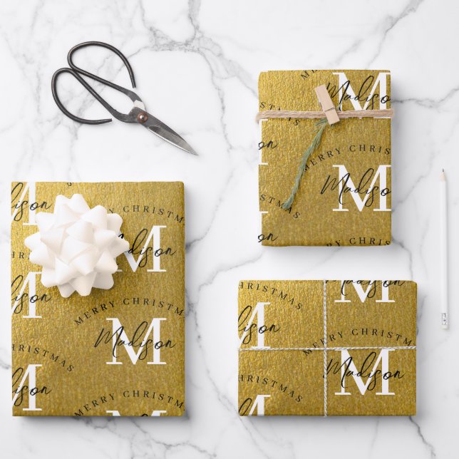 Personalisiert Frohe Weihnachts-Gold-Foil-Monogram Geschenkpapier Set (Vorderseite)