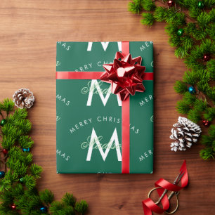 Personalisiert Frohe Weihnachts-Grüne Monogramm Geschenkpapier
