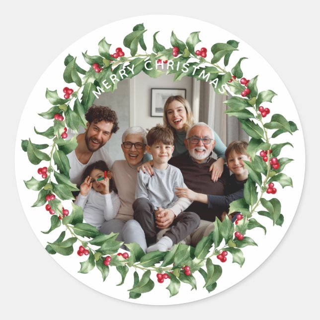 Personalisiert Frohe Weihnachts-Kranz-Foto Runder Aufkleber (Vorderseite)