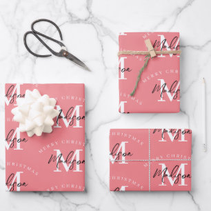 Personalisiert Frohe Weihnachts-Rosa Monogramm Geschenkpapier Set