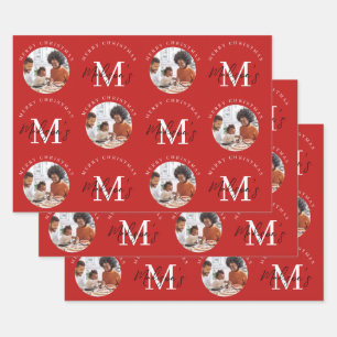 Personalisiert Frohe Weihnachts-Rote Monogramm-Fot Geschenkpapier Set