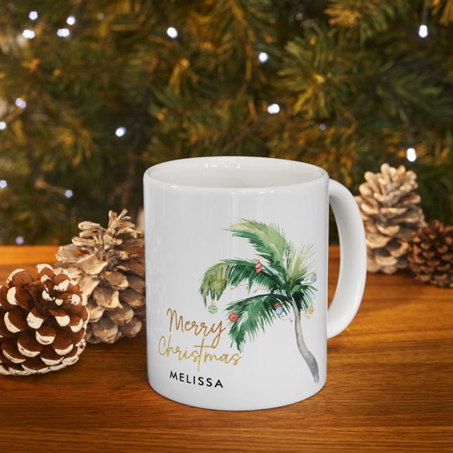 Personalisiert frohe Weihnachtsbaumtage Kaffeetasse (Christmas Holidays Coastal Palm Tree Personalized White 11oz Coffee Mug)
