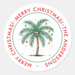 Personalisiert frohe Weihnachtspalme Licht Runder Aufkleber