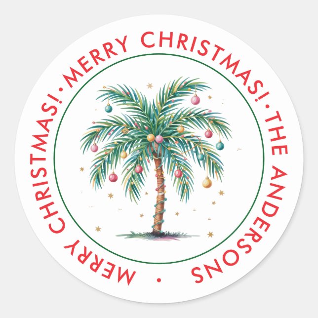Personalisiert frohe Weihnachtspalme Licht Runder Aufkleber (Vorderseite)