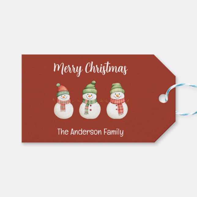 Personalisiert frohe Weihnachtsschneemänner Geschenkanhänger (Vorderseite (Horizontal))