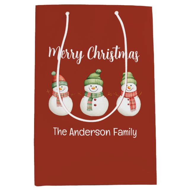 Personalisiert frohe Weihnachtsschneemänner Mittlere Geschenktüte (Vorderseite)
