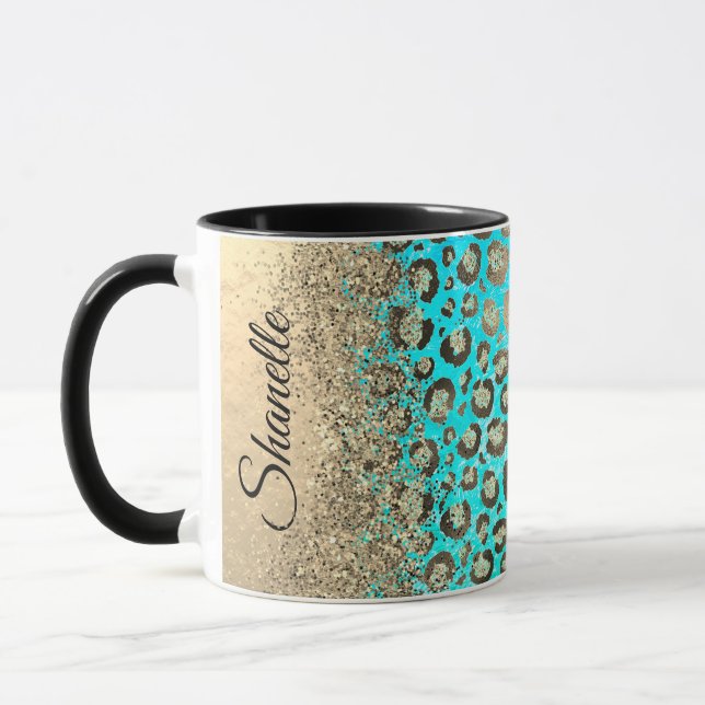 Personalisiert Funkelnd Glitterie Türkis Leopard Tasse (Links)