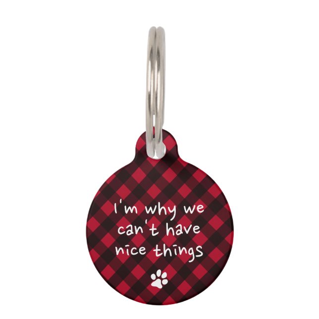 Personalisiert Funny Doppy Puppy Red Black Kariert Haustiermarke (Vorderseite)