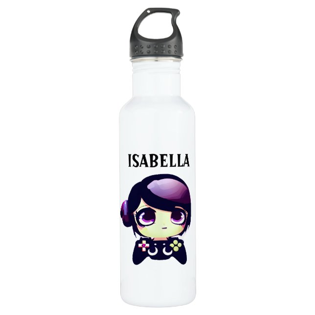 Personalisiert Gaming Kawaii Anime Girl Gamer Edelstahlflasche (Vorderseite)