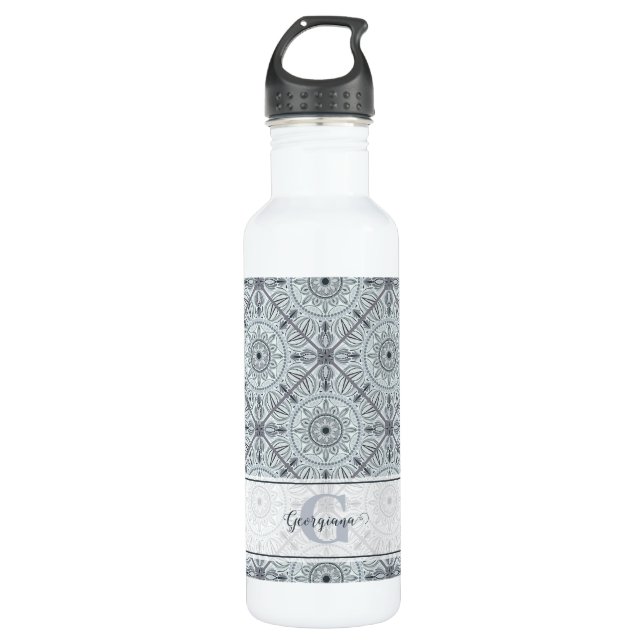 Personalisiert geflorale Harmonie Gray Mandala Edelstahlflasche (Vorderseite)