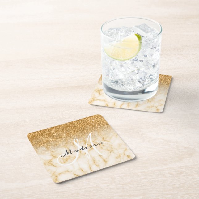 Personalisiert-Gelb-Gold-Glitzer-Monogramm-Marmor Rechteckiger Pappuntersetzer (Vor Ort)