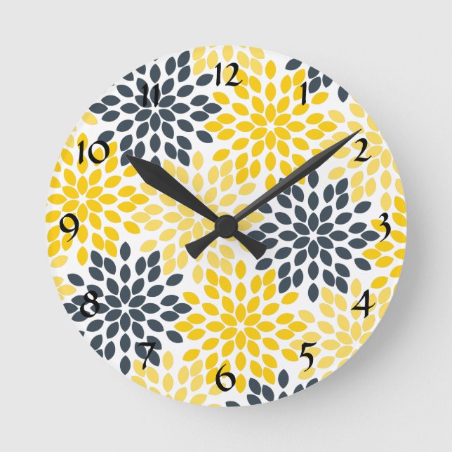 Personalisiert gelb, graue Holzkohle Moderne Blume Runde Wanduhr (Vorderseite)