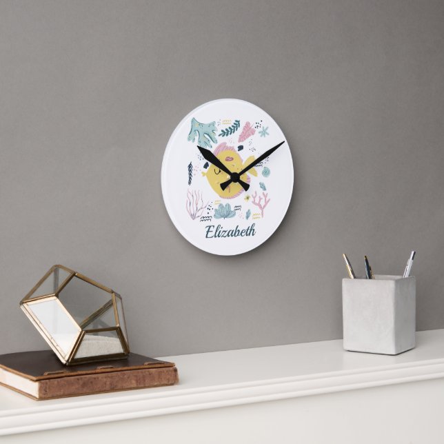 Personalisiert-Gelb-Rosa-Kinderzimmer Runde Wanduhr (Büro)