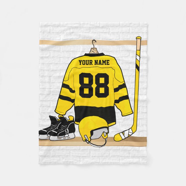 Personalisiert Gelb und Schwarzes Eishockey Jersey Fleecedecke (Vorderseite)