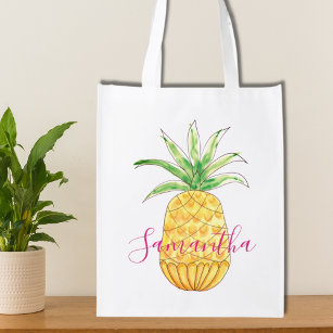 Personalisiert Gelbe Ananas Name des rosa Mädchens Wiederverwendbare Einkaufstasche