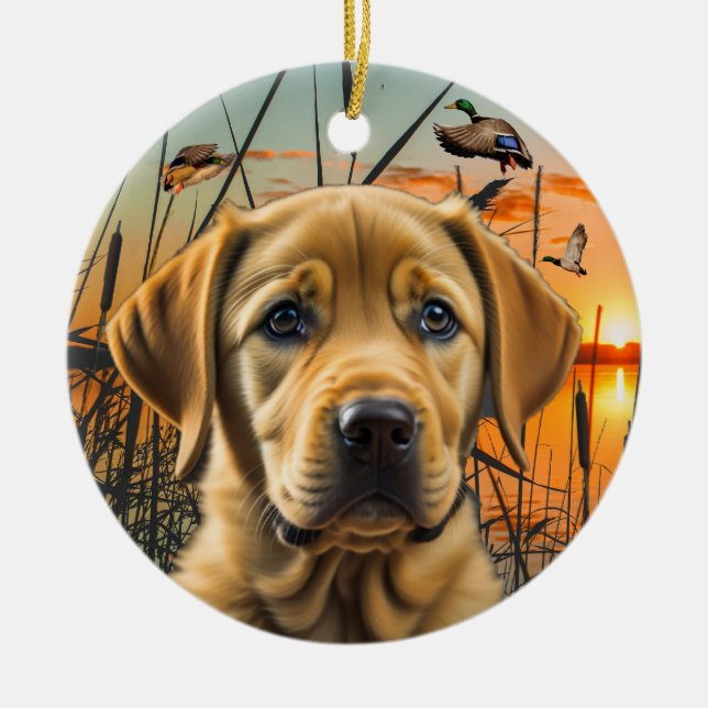 Personalisiert-gelbes Labrador-Welpe Keramik Ornament (Vorne)