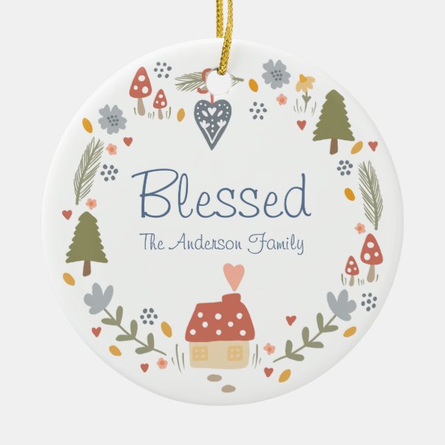 Personalisiert gesegnete, gemütliche Hütte Hygge Keramik Ornament (Vorne)