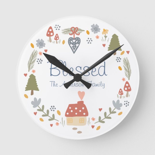 Personalisiert gesegnete, gemütliche Hütte Hygge Runde Wanduhr (Vorderseite)