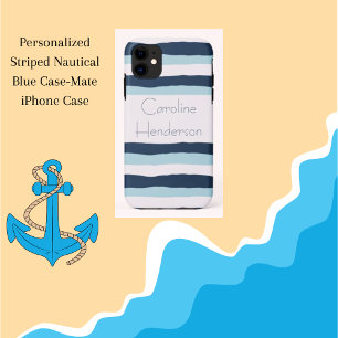 Personalisiert gestreiftes Nautikblau Case-Mate iPhone Hülle
