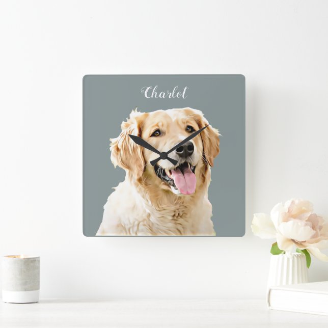 Personalisiert Gezeichnet Golden Retriever Hund Quadratische Wanduhr (Zuhause)