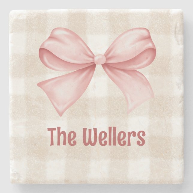 Personalisiert Gingham & Coquette Bow Steinuntersetzer (Vorderseite)