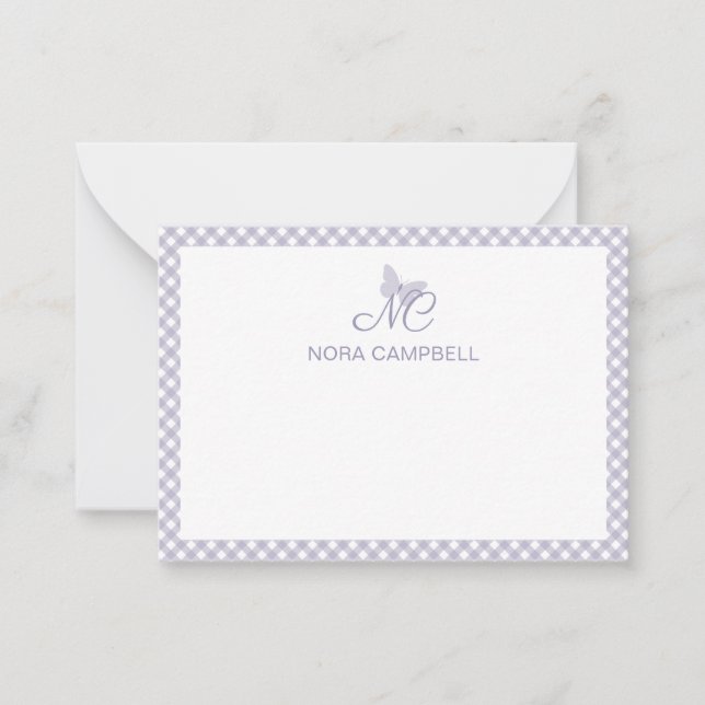 Personalisiert Gingham Lavender Elegant Monogram Mitteilungskarte (Vorderseite)