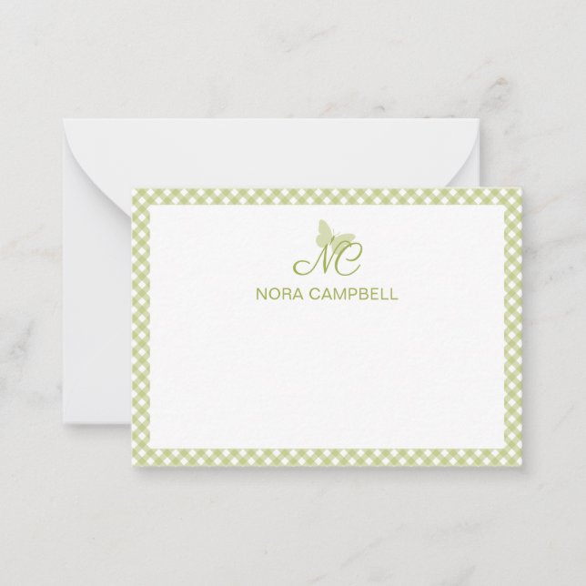 Personalisiert Gingham Light Green Monogram Mitteilungskarte (Vorderseite)