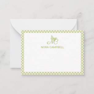 Personalisiert Gingham Light Green Monogram Mitteilungskarte