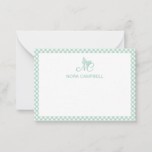 Personalisiert Gingham Mint Green Butterfly Monogr Mitteilungskarte