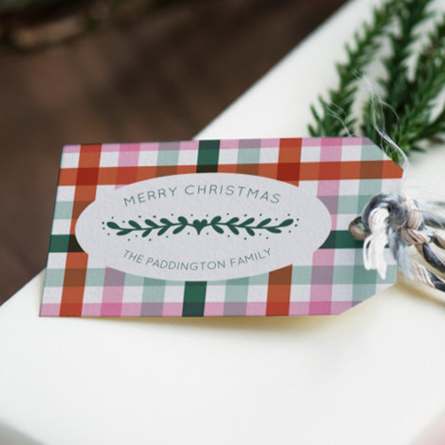 Personalisiert Gingham Pattern Weihnachtsgeschenk- Geschenkanhänger (Edit this Xmas gift tag with your family name.)