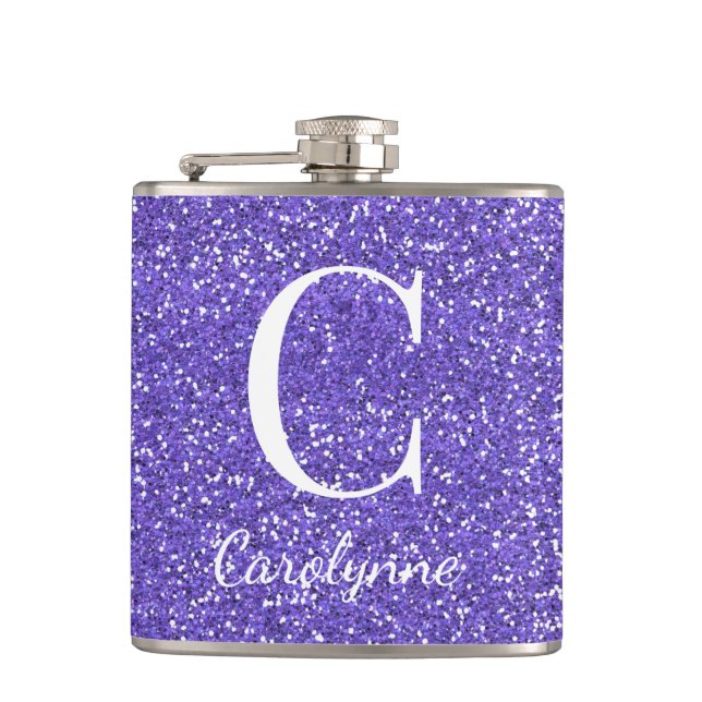 Personalisiert Girl Lila Sparkle Glitzer Monogram Flachmann (Vorderseite)