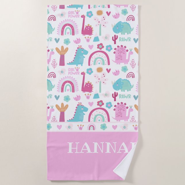 Personalisiert Girl Power Dinosaur Strandtuch (Vorderseite)