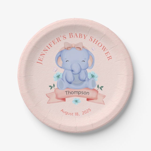 Personalisiert Girls Blue Elephant Coral Pappteller (Vorderseite)