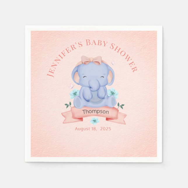 Personalisiert Girls Blue Elephant Coral Serviette (Vorderseite)