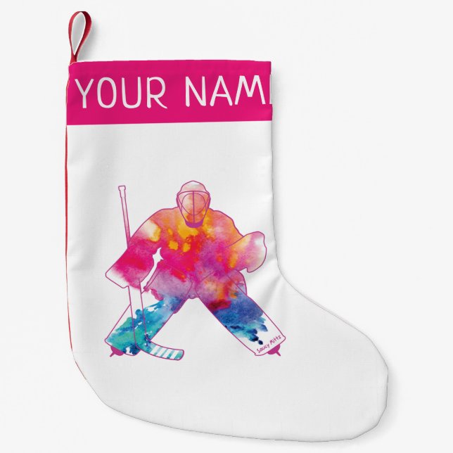 Personalisiert Girls Hockey Goalie Pink Wasserfarb Kleiner Weihnachtsstrumpf (Vorderseite)