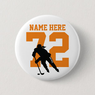 Personalisiert Girls Hockey Name Number Orange Button