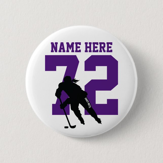 Personalisiert Girls Hockey Name Nummer Lila Button (Vorderseite)