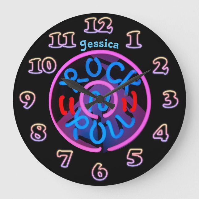 Personalisiert GIRLS WALL Clock NEON Retro RocknRo Große Wanduhr (Vorderseite)